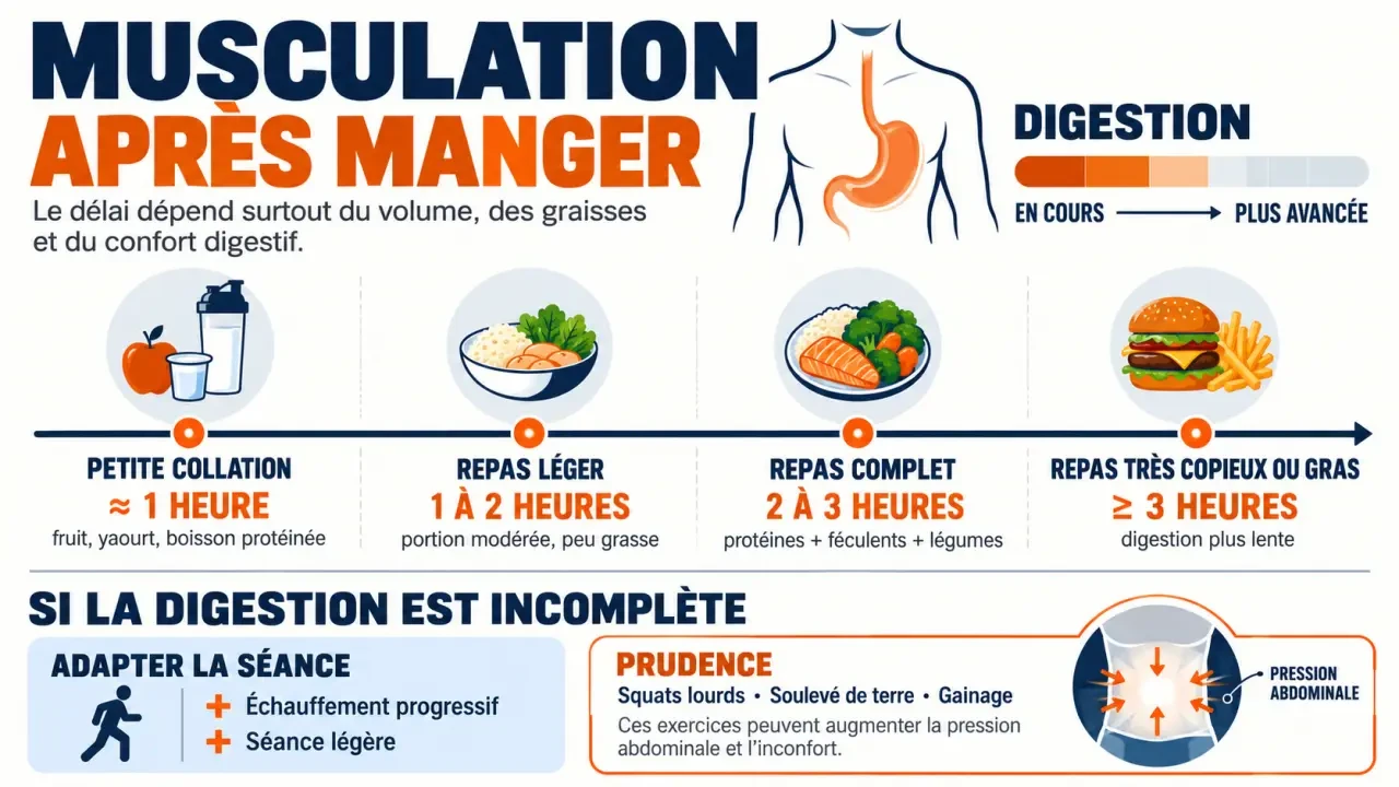 Infographie sur la muscu après manger : délais selon le type de repas et adaptation de l'entraînement