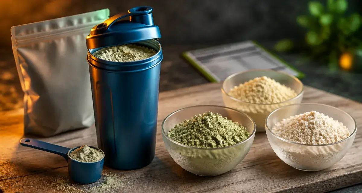 Meilleures protéines végétales musculation : shaker pois-riz et soja en poudre