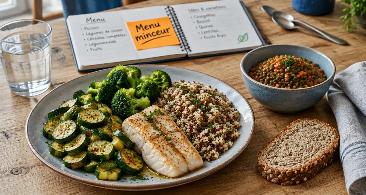 Menu regime 7 jours léger : assiette équilibrée poisson quinoa et légumes